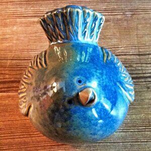 Ceramic Blue Bird Figurine Glazed Pottery Table Decor Rustic Farmhouse Accent